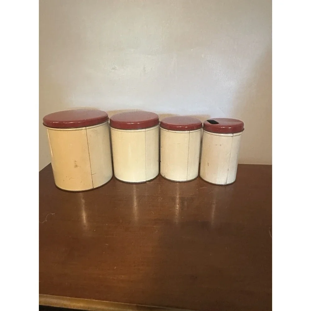 Vtg  4 Piece Tin Canister Set Fruit Design Kitchen Farmhouse Décor